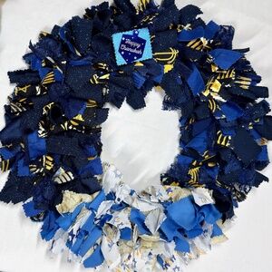 HANUKKAH RAG WREATH 14" HANDCRAFTED DOOR WALL DECORATION ONE OF A KIND GIFT